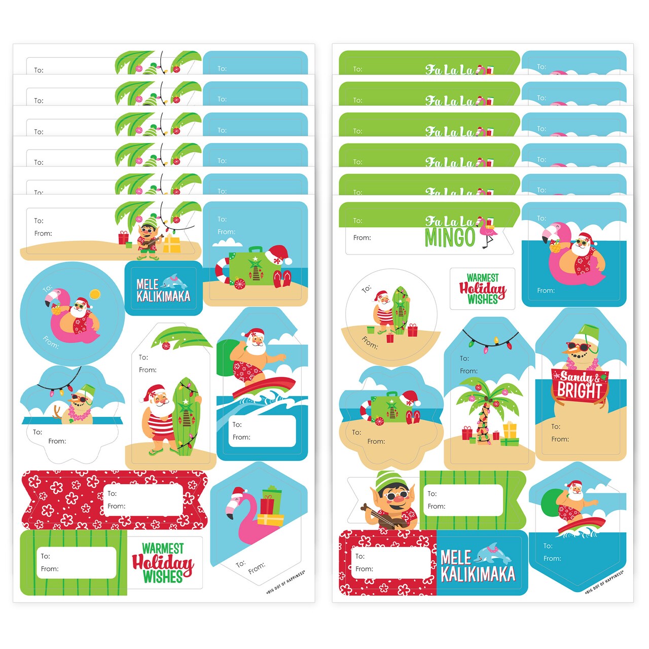 Big Dot of Happiness Tropical Christmas - Assorted Beach Santa Holiday Party Gift Tag Labels - To and From Stickers - 12 Sheets - 120 Stickers